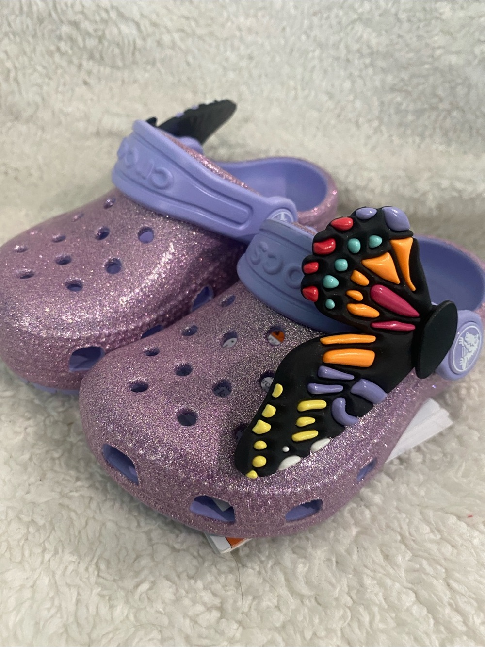 CROCS Kids' Glitter Lavender Clogs with Colorful Butterfly Charm Size C6 & C7